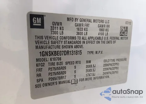 2013 Chevrolet Tahoe Lt z USA, uszkodzony, nr VIN 1GNSKBE07DR131815